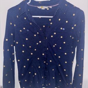 Boden Collared Navy Button Down Longsleeve w/ Gold Polka Dots